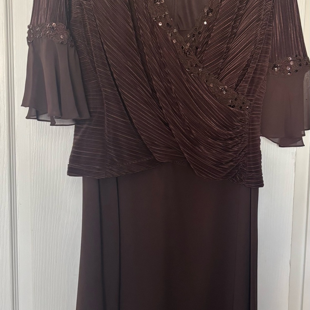 Beautiful brown below the knee cocktail dress with Embellished Bell Sleeves